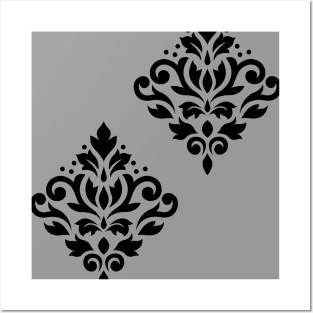 Scroll Damask Art I Black on Gray Posters and Art